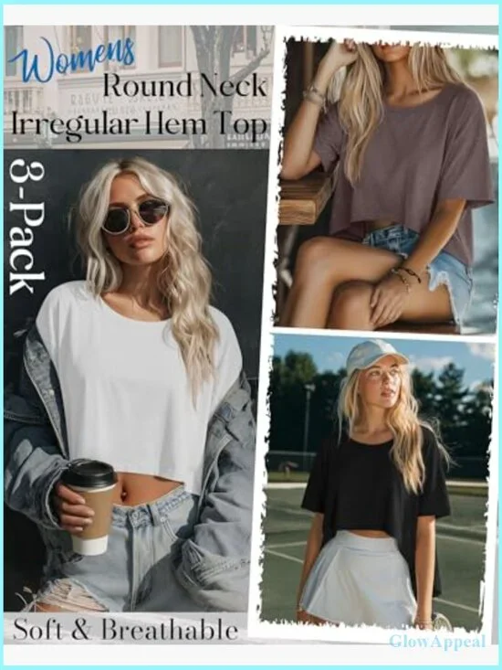 Oversized Cropped T-Shirt 3 Pack, Polyester Rayon Spandex, Workout Casual - Picture 2 of 7